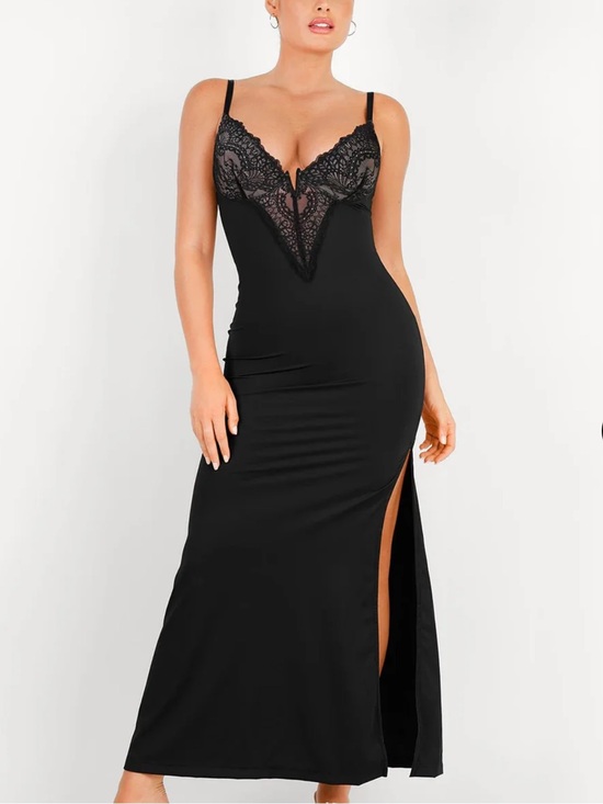 Popilush Dresses & Skirts - Black Lace-Trim Maxi Slip Dress with Side Slit